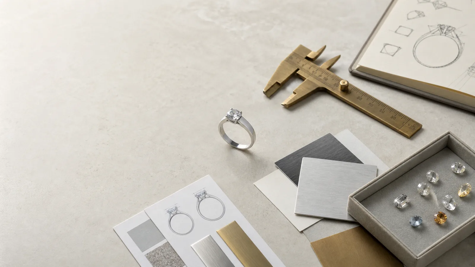 Custom jewelry design planning board with material, source file, and ring brief notes